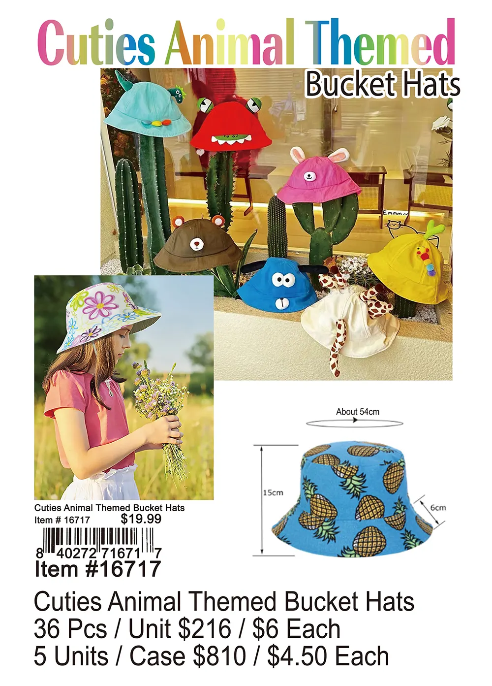 Cuties Animal Themed Bucket Hats 36 Pcs.